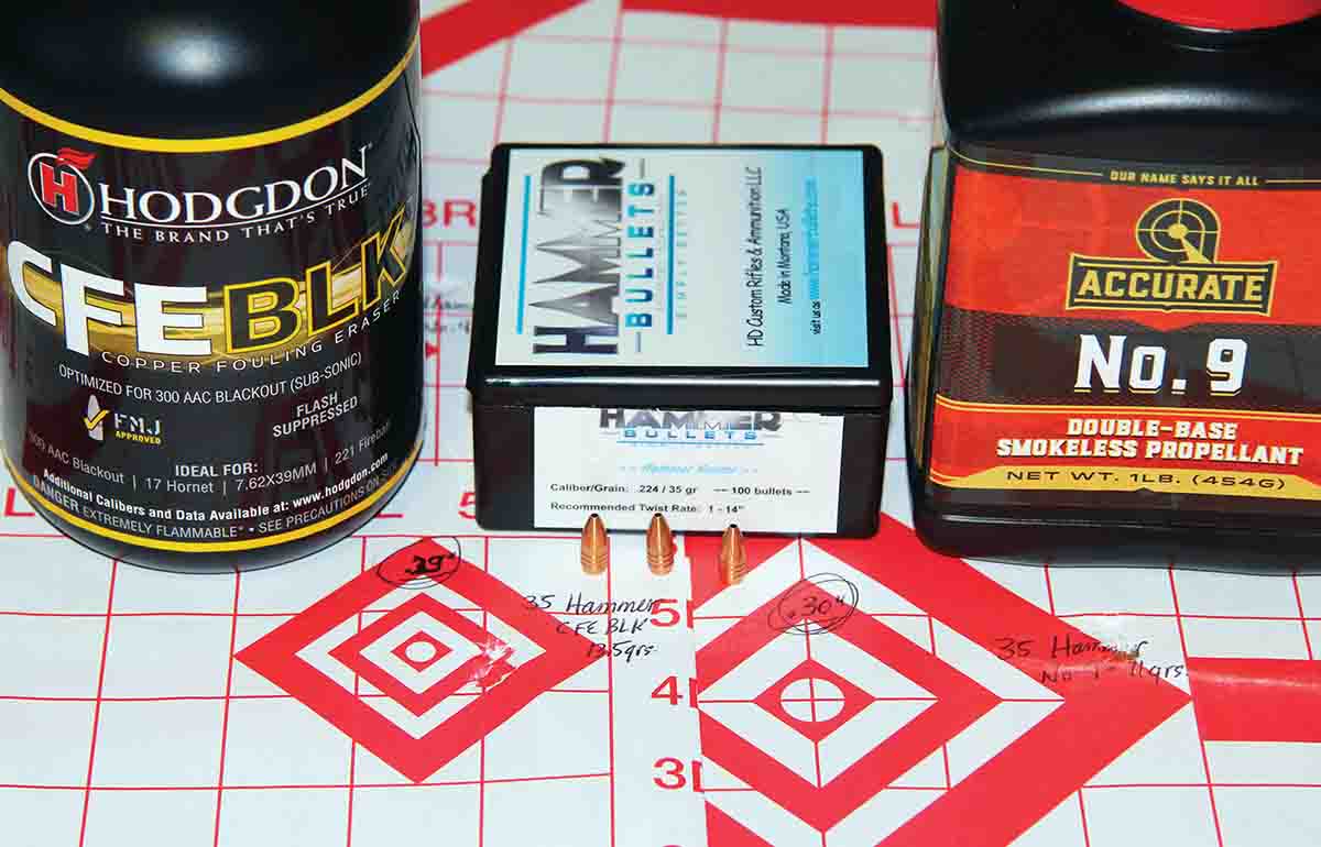 The very best loads of the entire K-Hornet test were produced by Hammer Bullet’s 35-grain Hammer Hunter – including a .29-inch group at 2,848 fps with 13.5 grains of Hodgdon CFE BLK and .30 inch at 3,158 fps with 11 grains of Accurate No. 9.